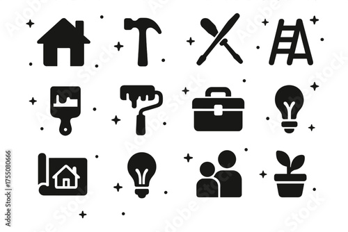 Home Project Icons. House projects. Solid icons set of House projects: house, hammer, screwdriver, saw, paintbrush, paint roller, toolbox, ladder, blueprint,