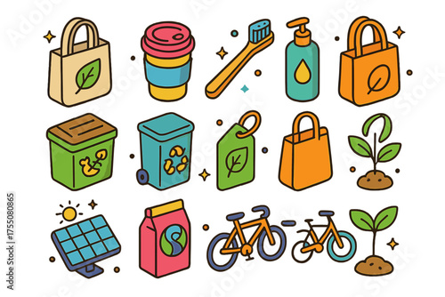 Sustainable Living Icons. Sustainable Living. Colorful isometric vector icons set of sustainable living: reusable bag, reusable cup, bamboo toothbrush, refill