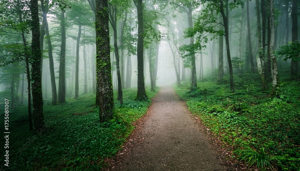 Obraz premium Misty Forest Path Shrouded In Deep Green