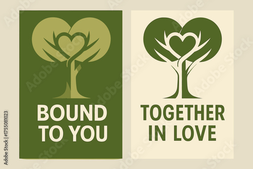 Intertwined Love Banners. Bond. Two vertical A6 banners, geometric, olive green and cream backgrounds, two trees with intertwined branches forming a heart,