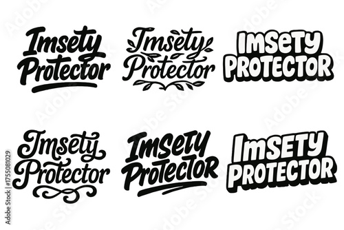 Imsety Lettering Variations. Imsety Protector. Set lettering. harmonious lettering variations of the same emblematic concept (Bold hand-lettering with playful