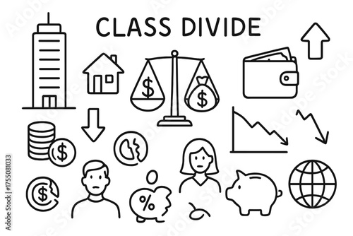Economic Class Symbols. Class divide. Hand-drawn doodle illustration class divide skyscraper, small house, coin stack, broken coin, wallet, scale, dollar sign,