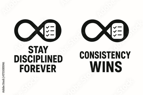 Discipline and Consistency Banners. Motivation. Two vertical A6 banners with safe margins, centered composition, no elements touching edges, flat vector