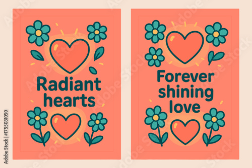 Radiant Hearts Banners. Radiant hearts. Two vertical A6 banners with safe margins, centered composition, no elements touching edges, cartoon, coral and teal,