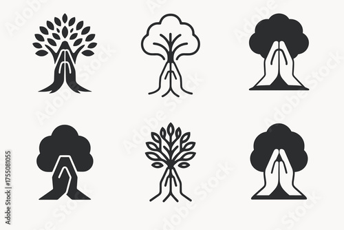Spiritual Prayer Logos. Prayer in nature. Set Logo of Spirituality: hands folded in prayer under tree. harmonious logo variations of the same emblematic