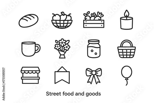 Street Food Icon Set. Street food and goods. Line icon set of Street food and goods: bread loaf, fruit basket, vegetable crate, handmade candle, pottery mug,