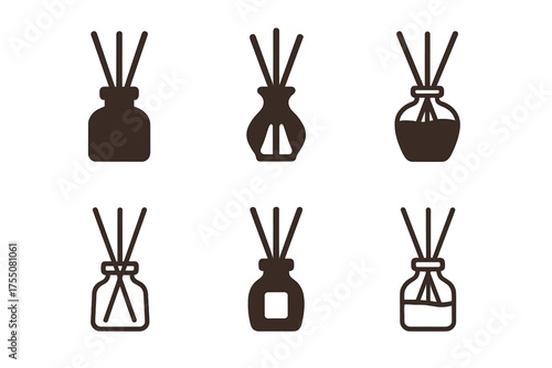 Home Scenting Logos. Home Scenting with Essential Oils. Set Logo of Home Scenting with Essential Oils: reed sticks in jar. harmonious logo variations of the