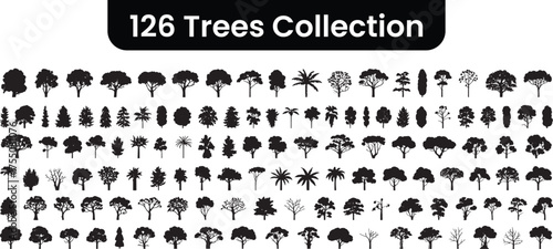 Collection of 126 black tree silhouettes with diverse shapes and sizes on a white background trees