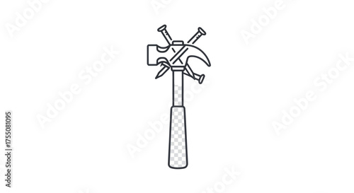 Hammer with multiple nails embedded in its head.
