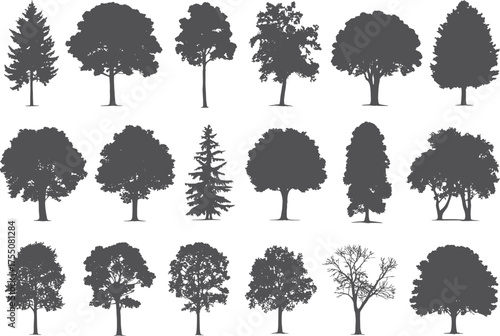 Collection of 18 diverse grey tree silhouettes with detailed foliage and branches on a white background