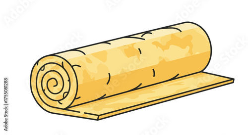 Fibrous yellow thermal insulation material roll partially unrolled.