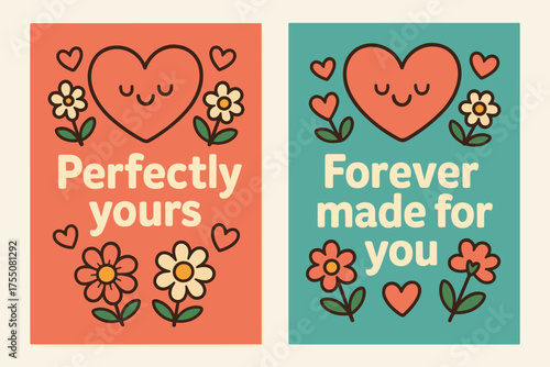 Cute Hearts Banners. Perfectly yours. Two vertical A6 banners with safe margins, centered composition, no elements touching edges, cartoon, coral and teal,
