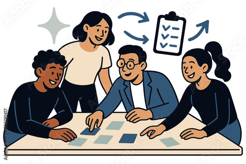 Collaborative Team Dynamics. Self-managed teams. Glowing group of colleagues gathered around shared table, organizing tasks together. Floating icons of
