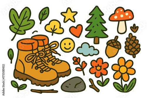 Outdoor Adventure Doodles. Outdoor Adventure. Colorful Hand-drawn doodle Children illustration hiking boots, laces, tree, leaf, pinecone, mushroom, flower,