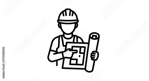 Construction worker in hard hat holding blueprint plans.