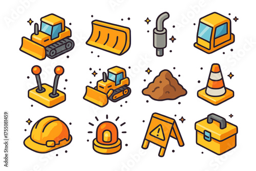 Colorful Bulldozer Icons. Bulldozer. Colorful isometric vector icons set of bulldozer: crawler tracks, large blade, exhaust pipe, operator cabin, control