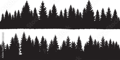 Two Horizontal Black Silhouettes of Dense Evergreen Forests on a White Background trees nature