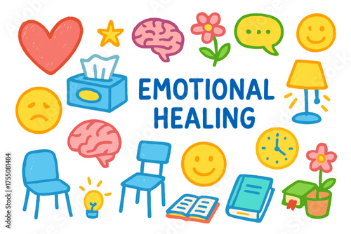 Emotional Healing Doodles. Emotional Healing. Colorful Hand-drawn doodle Children illustration heart, tissue box, brain, sad face, happy face, chair, speech