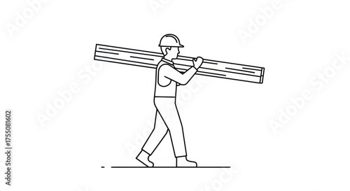 Construction Worker Carrying Wooden Planks on Shoulder.
