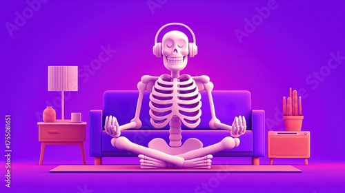 Skeleton meditating on a couch while listening to music in a purplel room 