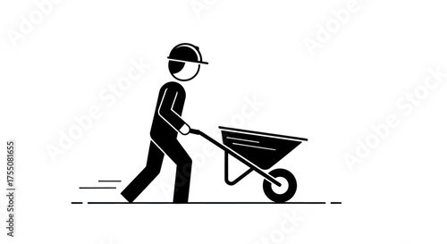 Black and White Illustration of a Person Pushing a Wheelbarrow.
