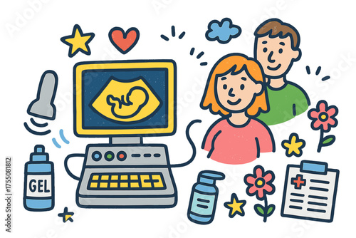 Colorful Fetal Ultrasound. Fetal Ultrasound. Colorful Hand-drawn doodle Children illustration ultrasound machine, baby silhouette, monitor, probe, heart, star,