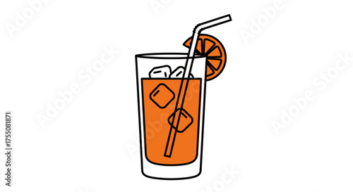 Refreshing Orange Juice Drink with Ice Cubes and Straw.