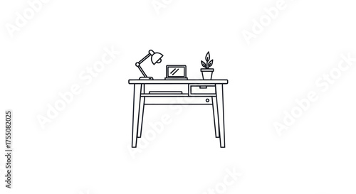 Simple Line Art Illustration of a Wooden Desk with Laptop and Lamp.