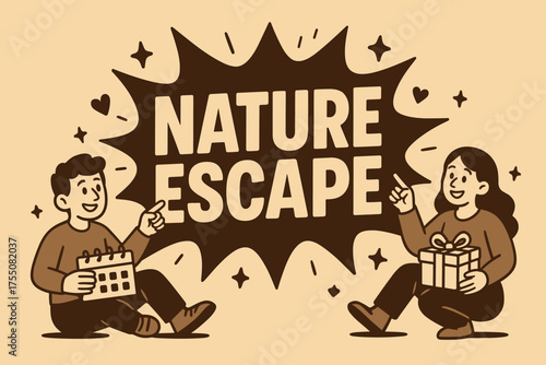 Nature Escape Banner. Nature escape banner, flat vector illustration, bold oversized text inside splash explosion, cartoon characters sitting and pointing