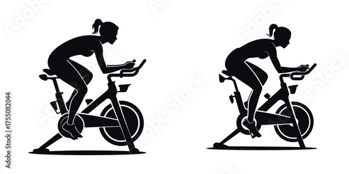 Silhouette of Woman Exercising on Stationary Bike – Female Athlete Training Indoors, Fitness Cardio Workout, Spinning Class, Endurance, Gym Exercise Vector Illustration