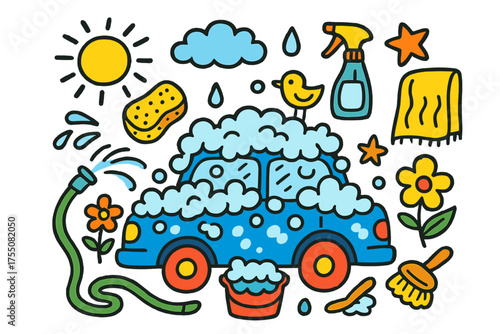 Colorful Car Wash Scene. Soapy Car. Colorful Hand-drawn doodle Children illustration car covered in bubbles, sponge, bucket, water hose, spray bottle, sun,