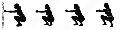 Silhouette of Woman Doing Squats Exercise – Female Fitness Training, Strength Workout, Gym Routine, Bodyweight Exercise for Legs, Endurance and Health Vector Illustration