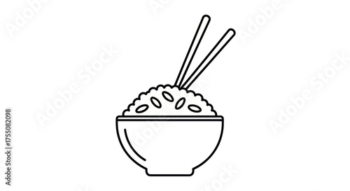 Line Art Illustration of a Bowl of White Rice with Chopsticks.