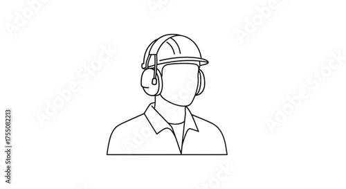 Industrial Worker Wearing Safety Hard Hat and Ear Protection Icon.