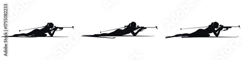 Silhouette of Female Biathlete Shooting in Prone Position – Woman with Rifle on Skis Aiming During Biathlon Competition – Winter Sport Athlete Isolated on White Background
