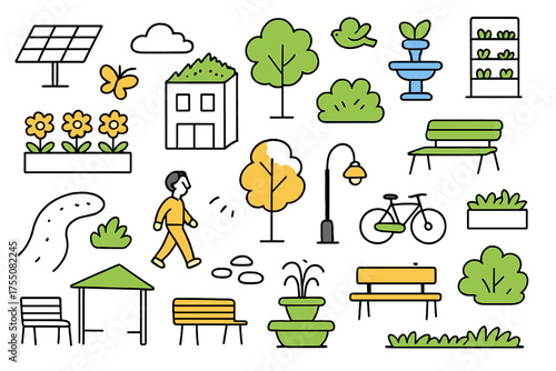 Eco-Friendly Urban Scene. Eco-Friendly Urban Design. Hand-drawn doodle illustration Solar panel, green rooftop, street trees, planter boxes, walking path,