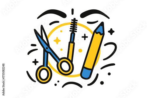 Floating Grooming Tools. Grooming essentials. Eyebrow scissors, spoolie, and pencil floating together in a glowing circle, abstract arcs of brows around them.