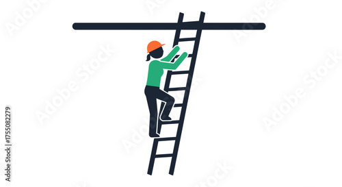 Person in Hard Hat Climbing a Ladder Towards a Horizontal Bar.
