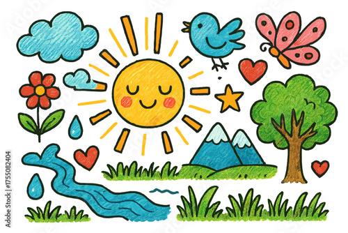Morning Doodle Delight. Morning Glow. Colorful Hand-drawn doodle Children illustration rising sun, cloud, rays, bird, flower, butterfly, tree, heart, star,