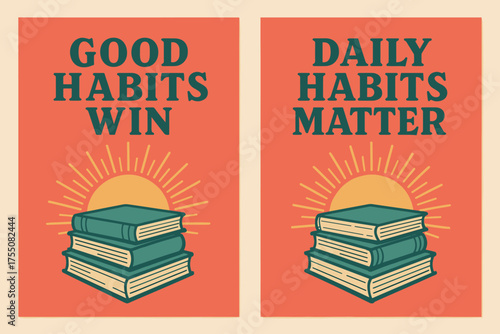 Retro Habit Banners. Mindset. Two vertical A6 banners with safe margins, centered composition, no elements touching edges, retro style, coral and teal, vintage