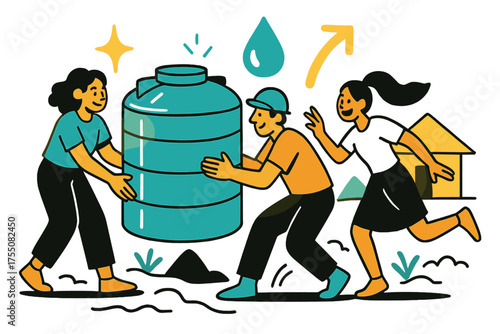 Village Water Aid. Water aid. Glowing volunteers setting up clean water tanks for a village. Floating icons of sparkle, droplet, and arrow symbolizing life.