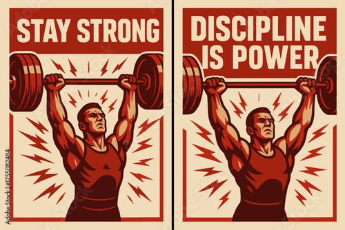Strength in Motion. Strength. Two vertical A6 banners with safe margins, centered composition, no elements touching edges, bold style, red and beige, athlete
