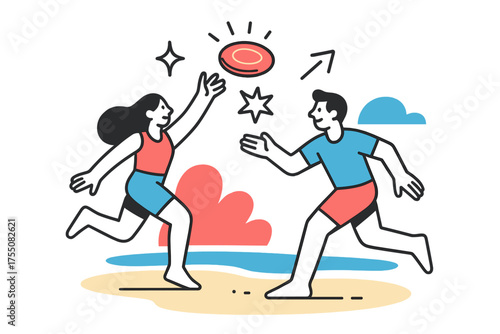 Dynamic Beach Frisbee. Frisbee on Beach. A glowing frisbee mid-air between players, abstract floating spark and arrow icons symbolizing joy and action. Modern