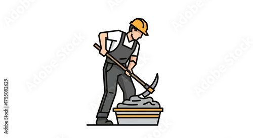 Construction Worker Digging Cement with Pickaxe in Container.