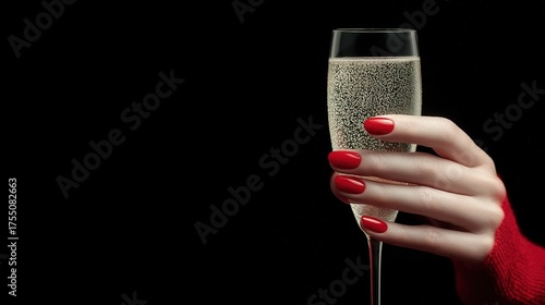   A woman holding a wine glass against a black backdrop with red nail polish on her hand