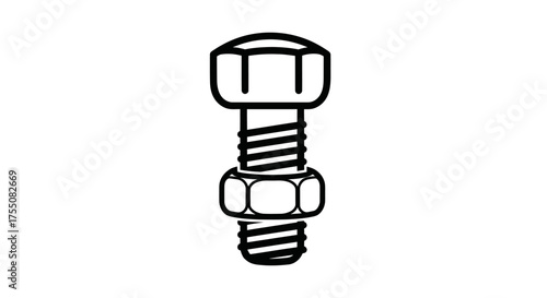 Black and White Illustration of a Bolt and Nut Fastener.