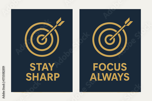 Focused Precision Banners. Discipline. Two vertical A6 banners with safe margins, centered composition, no elements touching edges, modern minimal, navy and