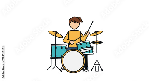 Cartoon Drummer Playing Full Drum Kit Illustration.
