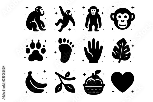 Chimp Action Icons. Chimp actions. Solid icons set of Chimp actions: sitting chimp, climbing chimp, full chimp body, chimp face, paw print, footprint, hand,