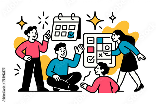 Strategic Teamwork Illustration. Team Planning. A glowing group with calendar and task board in front, abstract spark and star icons symbolizing strategy.